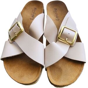 Bio-Gold Leather Cork Footbed Sandals Blush Gold Buckle Slides Italy Size 8 NWOB